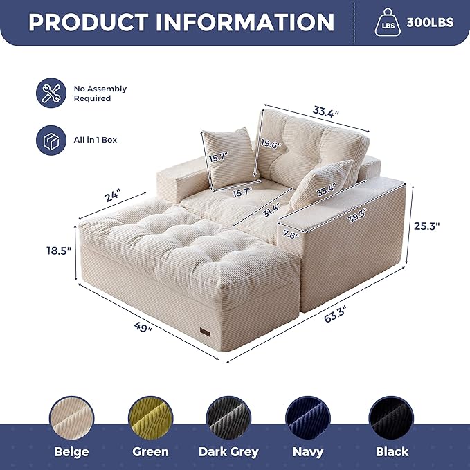 MAXYOYO Modular Sectional Chaise Lounge Sofa, Upholstered Lounge Chair with Ottoman, Comfy Couch with Layered Cushion, Tufted Upholstered Sleeper Chair for Living Room, No Assembly, Beige