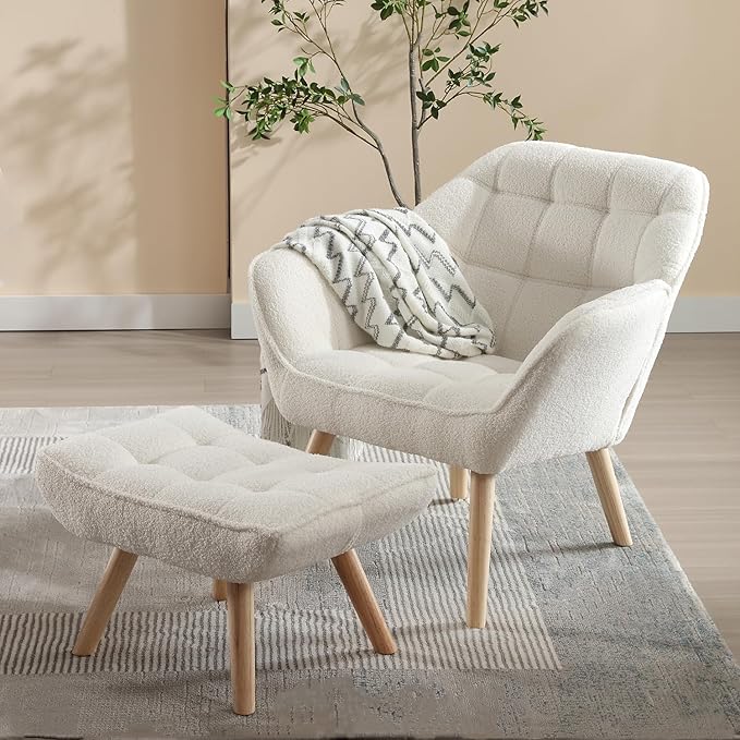 ZH4YOU Sherpa Accent Reading Chair with Ottoman, Modern Fuzzy Chair with Ottoman Upholstered Armchair with Wood Legs Comfy Lounge Chair for Small Spaces Living Room Bedroom Book Nook, White