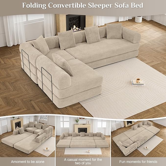 DAMAIFROM 157" Convertible Sleeper Sofa Bed Set with Pillow, 4-in-1 Corduroy Folding Mattress Boneless Couch with Fixed-Shape Frame, Fold Out Floor Sofa Cama Lounge Couch for Living Room, Light Brown
