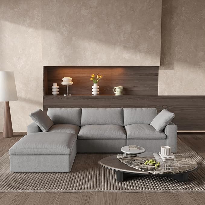 WJShome 120.45" Cloud Modular Sectional Sofa with Storage Ottoman, L Shaped Minimalist Convertible Couch Deep Seat Sofa for Living Room Sofa Sets (Light Grey, 3 Seater+1 Ottoman)