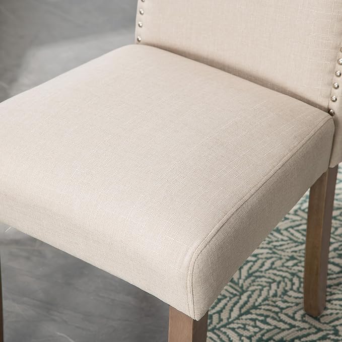 SNUGWAY Upholstered Dining Chair Stylish Parsons Kitchen High Back with Silver Nailhead Trim & Wood Legs, 6-Pack, Fabric Beige