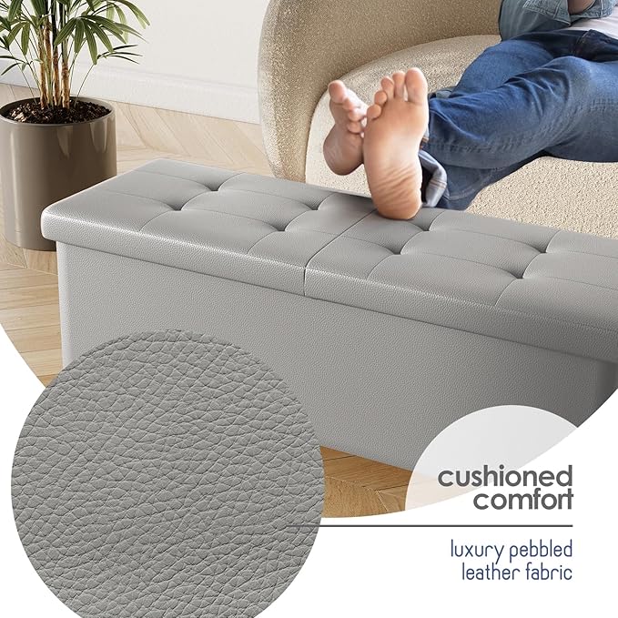 Storage Ottoman Bench with Bins, 43-in Storage Bench for Bedroom End of Bed, Folding Foot Rest Ottoman for Living Room Max 660lbs, Faux Leather Ottomans, Light Grey
