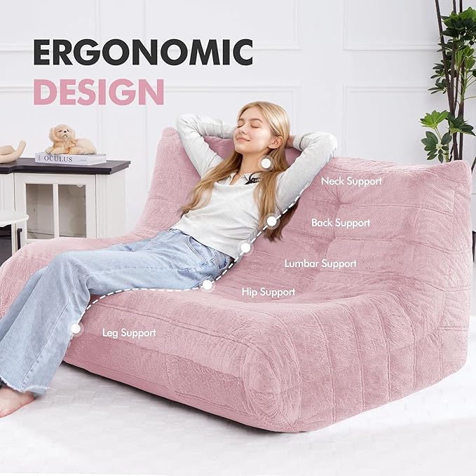 Bean Bag Loveseat Chair Big Sofa Beanbag Chair for Adults Fireside Chair Bean Bag Lounger with Memory Foam Filled for Home,Apartment or Gaming Venue（Pink Plush）