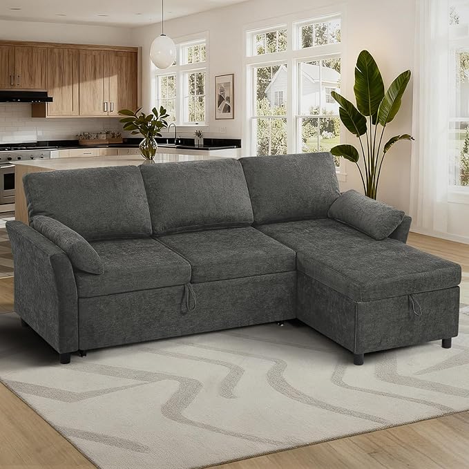 ACMEASE 83 Inches Fabric Sectional Sofa with Pull Out Sofa Bed, Modern L Shaped Sofa with Throw Pillows, Comfortable Sleeper Couch with Storage Chaise for Living Room, Grey