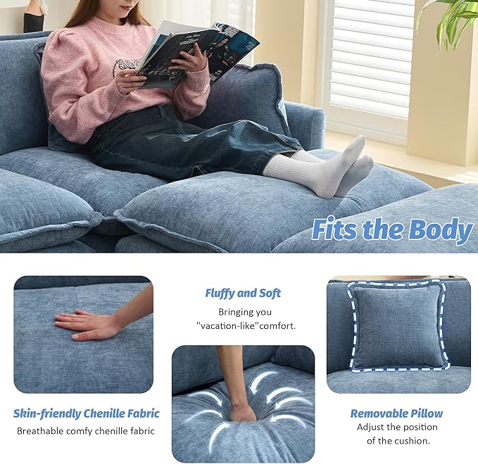 WUTUTUEE 41'' Modern Chenille Oversized Chair, Upholstered Accent Living Room Chair with Extra Thicked Deep Seat, Single Lounge Chair for Bedroom, Small Apartment, Blue