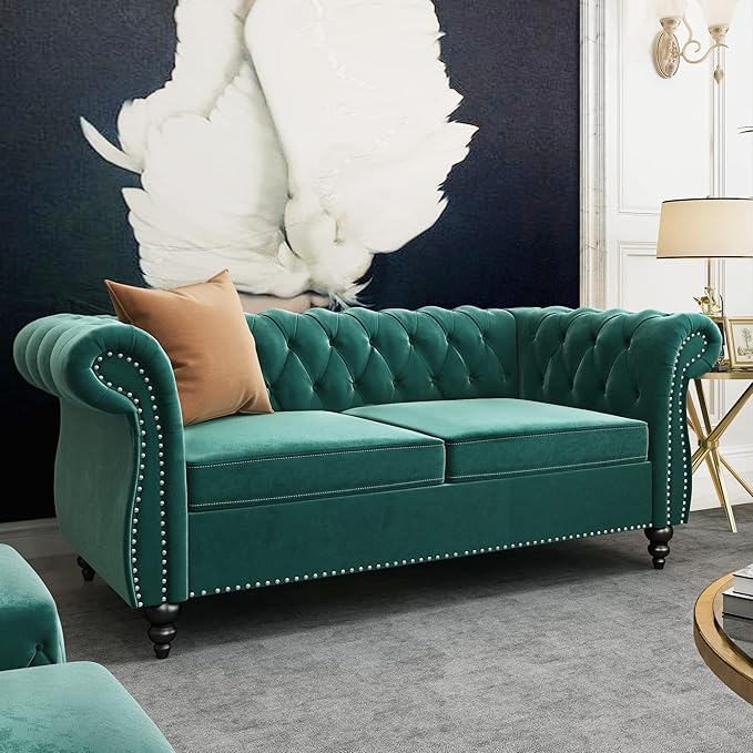 QHITTY Accent Sofa, Chesterfield Loveseat Modern Velvet Couch Upholstered Sofa with Tufted Back for Living Room Furniture (Green)