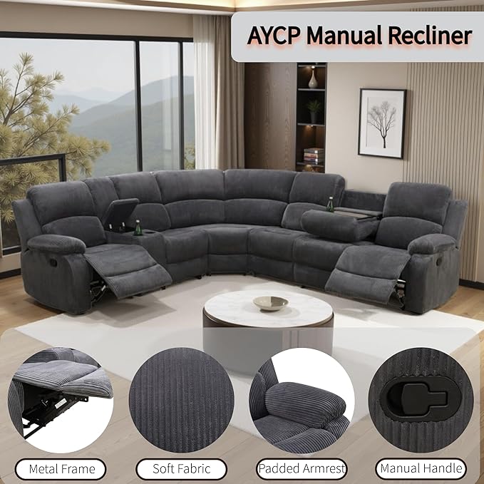 Manual Reclining Sofa Set with Drop-Down Table, Corduroy Sofa Sets, Living Room Furniture Sets, Modern Manual Recliner Sofa Sets with Storage Console for Living Room (Dark Grey, Sectional)