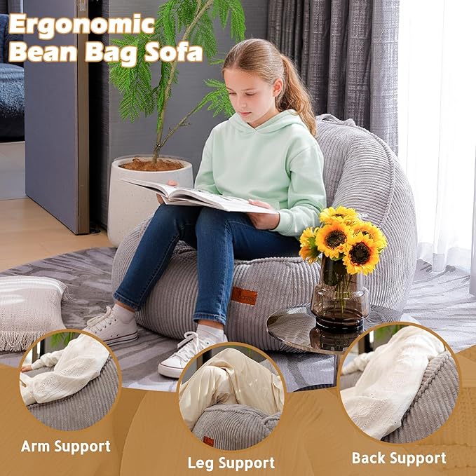 Bean Bag Chair, Cozy Fluffy Beanbag Chairs with Filler for Teens and Kids, Floor Lazy Sofa for Living Room, Gaming & Reading（M-Light Grey）