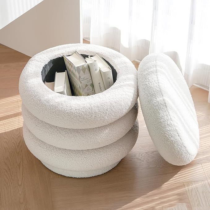17.5'' Round Ottoman Foot Stool Fabric Storage Footrest Vanity Stool Chair, Modern Sherpa Upholstered Padded Seat with Lid for Living Room/Bedroom/Small Space/Make Up, Cream