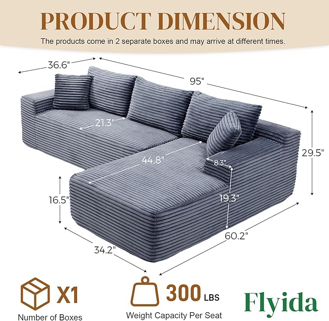 95" Boneless Cloud Sectional Couches for Living Room, Comfy Fluffy L Shaped Memory Foam Deep Seat Boneless Couch, Modular Sectional Sofa with Right Facing Chaise, Grey