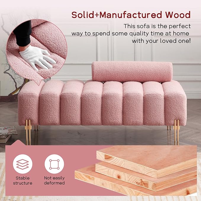 NIOIIKIT 53.2" Modern Loveseat Sofa Couch, Upholstered Accent Sofa with Golden Legs and Adjustable Backrest, Small Teddy Fleece Couches for Bedroom, Living Room, Compact Small Space (Pink)