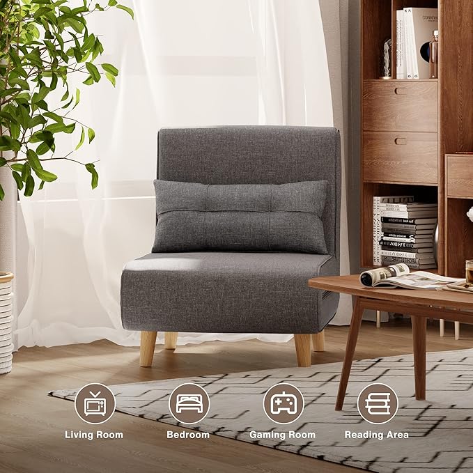 Aiho 3 in 1 Sleeper Chair Bed, Convertible Chair Bed Futon Sofa with Adjustable Backrest, Accent Chair for Apartment/Bedroom/Office, Dark Grey