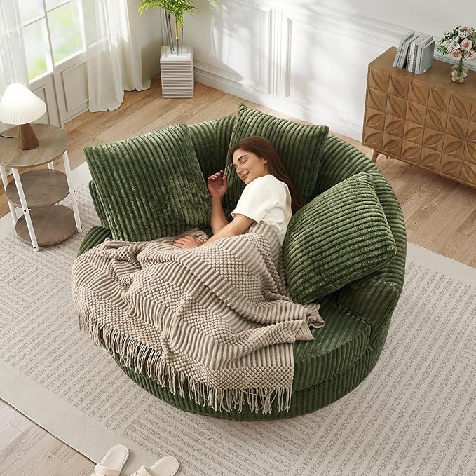 61"W Oversized Round Chaise Lounge Chair Indoor, Upholstered Corduroy Large Circle Boneless Chair with Deep Seat, No Assembly Required, Modern Comfy Cloud Sofa Chairs for Living Room, Bedroom(Green)