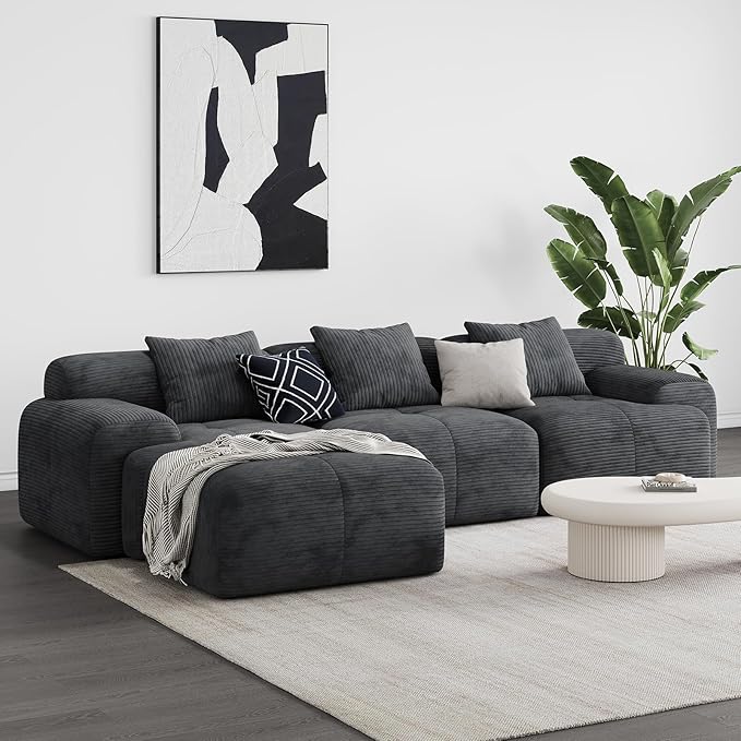 Aosaifen Modern L-Shaped Modular Sectional Sofa for Living Room，Oversized 3-Seater Couch with Deep Seat and Movable Ottoman – No Assembly,Comfortable Suede Fabric Boneless Sofa(Dark Gray) (Dark Gray)