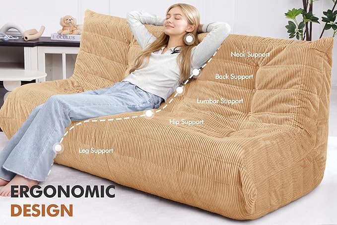Bean Bag Chair,Giant Beanbag Chairs for Adults,Comfy Large Fireside Chair Lazy Sofa,Corduroy Bean Bag Lounger with Memory Foam Filled,Floor Sofa Couch for Home,Living Room (Khaki, 3-Seater)