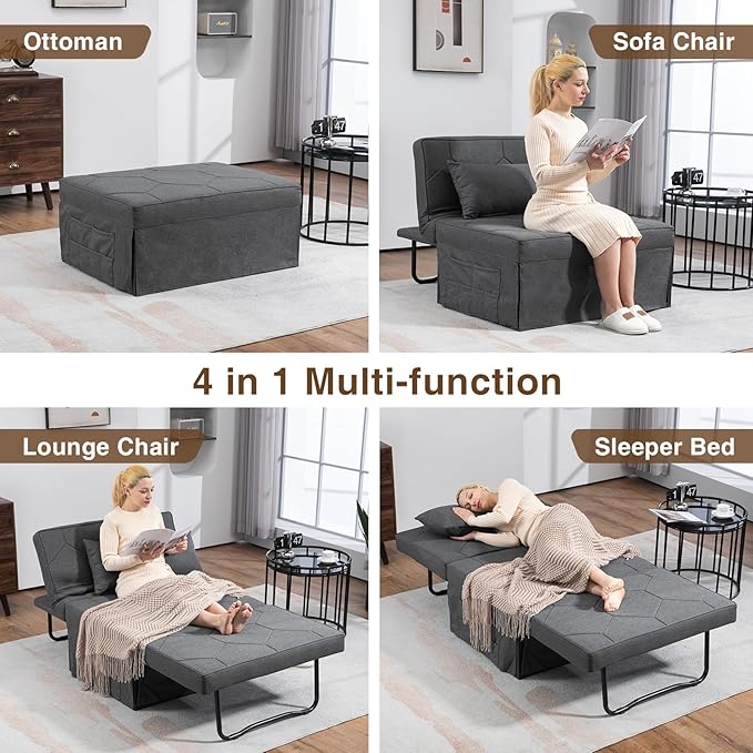 4 in 1 Sleeper Chair, Convertible Sleeper Sofa with Ottoman, Ottoman Bed for Adults, Sofa Bed with Adjustable Backrest for Living Room Apartment Office, Light Grey