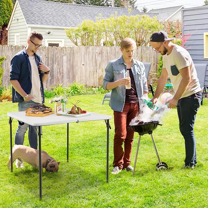 Tangkula 34" Folding Table, Portable Picnic Table with All-Weather HDPE Tabletop, Heavy-Duty Metal Frame, Carry Handle, Fold-in-Half Plastic Outdoor Table for Camping, Dining, BBQ, No Assembly Needed