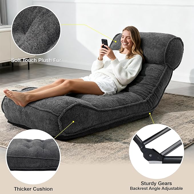 Lazy Floor Bed 83" – Extra Comfy Sleeper Chaise Lounge Chair Indoor, Adjustable Recliner Floor Lounger, Plush Futon Chair Bed for Yoga, Gaming, Meditation & Reading Nook (Recliner, Black)