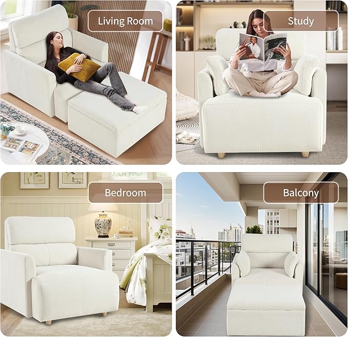 Snowflake Fleece Oversized Accent Chair with Storage Ottoman - 26.57" Wide Deep Seat Reading Chair, Convertible Daybed, 400lbs Capacity for Living Room & Apartment (Beige)