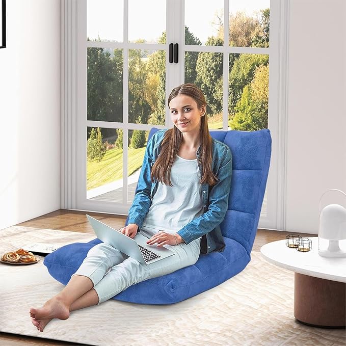 KOMFOTT 14-Position Adjustable Floor Chair with Back Support - Folding Padded Gaming Sofa Chair for Reading, Meditation, Living Room Lazy Lounge, Video Gaming - Blue