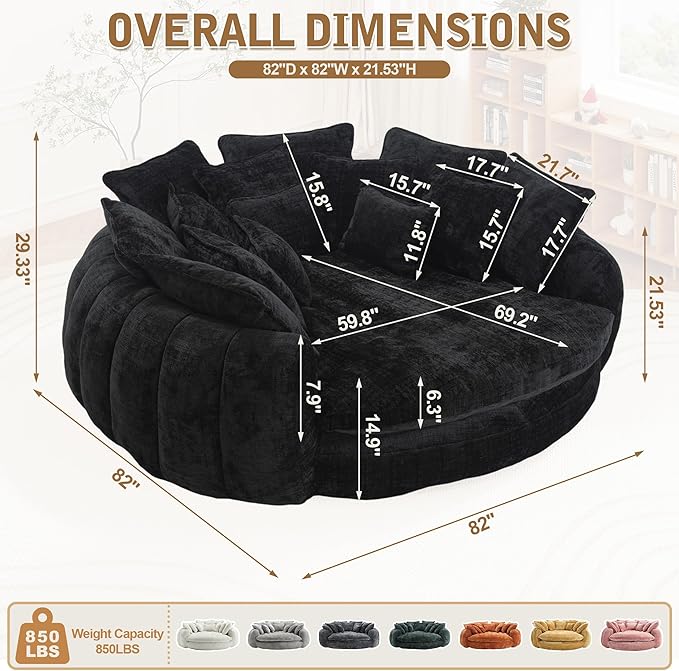 82'' Oversized Upholstered Sofa Bed, Round Chaise Lounge Chair Indoor, Modern Chenille Boneless Couch, No Assembly Required, Plush Sleeper Chair with 14 Pillows for Living Room, Black