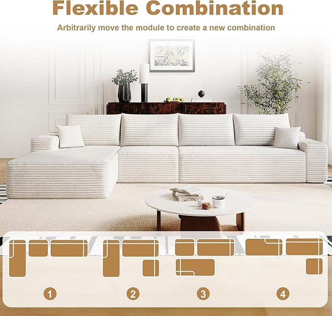 AUGOP 136" Sectional Couches for Living Room Modern Modular Sofa with L-Shape Couchs Upholstered Boneless Couch Deep Seat Sectional Couch with Chaise (White, Left Facing Chaise+3Seaters)