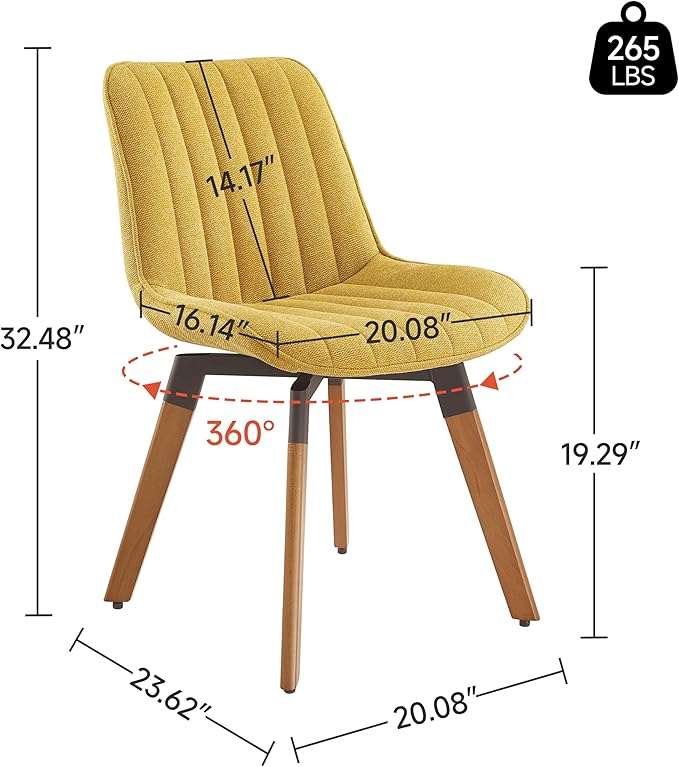 Art Leon Dining Chairs Set of 4, Mid Century Modern Swivel Dining Room Chairs, Fabric Upholstered Armless Side Chairs with Wood Legs for Kitchen Living Room Bedroom, Yellow