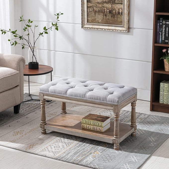 Farmhouse Storage Bench Wooden Entryway Linen Upholstered Ottoman Button Tufted Bench for Bedroom End of Bed Hallway Organizer, Grey, 32 Inch