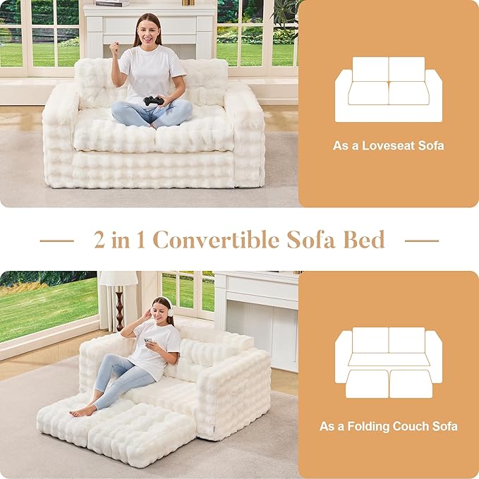 Hobestluk Sofa Couch Loveseat Sofa with Bubble Fabric 2-Seater Sofa for Small Spaces Comfortable Foam Floor Sofa 2 in 1 Boneless Couch for Living Room Bedroom Apartment or Office (White, Loveseat)