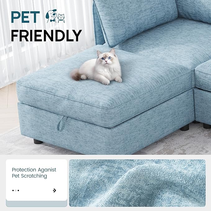 FIRLZY Modular Sectional 4 Seater Sofa with Removable Covers and Storage, Convertible L-Shaped and Sleeper Sectional, Modern Upholstered Couch with Removable Ottoman for Living Room, Blue