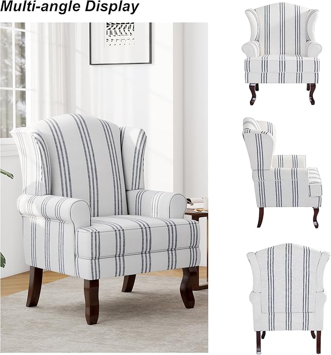 DREAMSIDEA Accent Chair, High Back Upholstered Armchair with High Resilience Sponge & Wood Legs, Mid-Century Modern Comfy Single Sofa Reading Chairs for Living Room, Bedroom - Stripe Navy, Set of 1