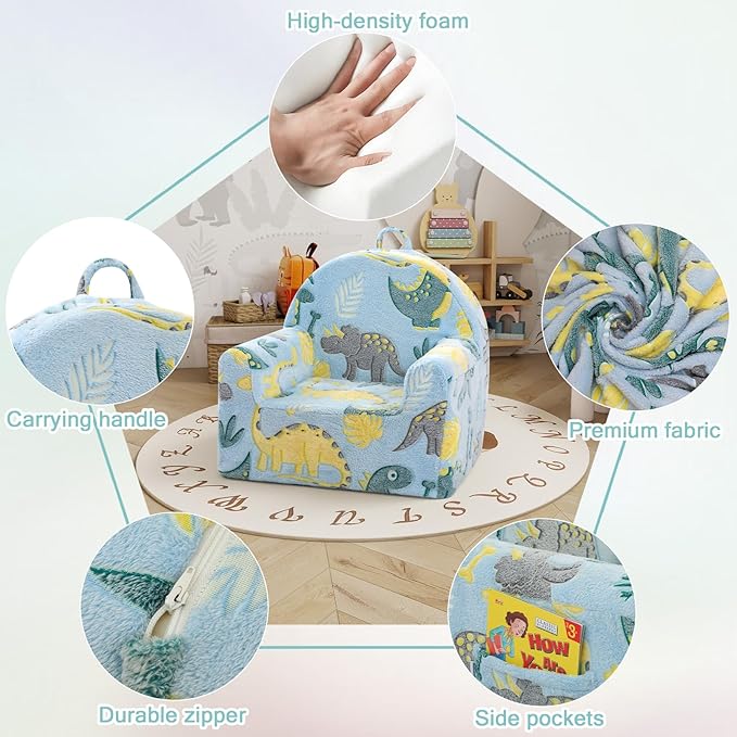 MeMoreCool Comfy Toddler Chair for 1-3 Years Old, Glow Dinosaur Kids Reading Chair, Soft Plush Toddler Armchair, Cozy Foam Lounge Kids Armchair for Baby Room, Living Room, Playroom, Reading Nook