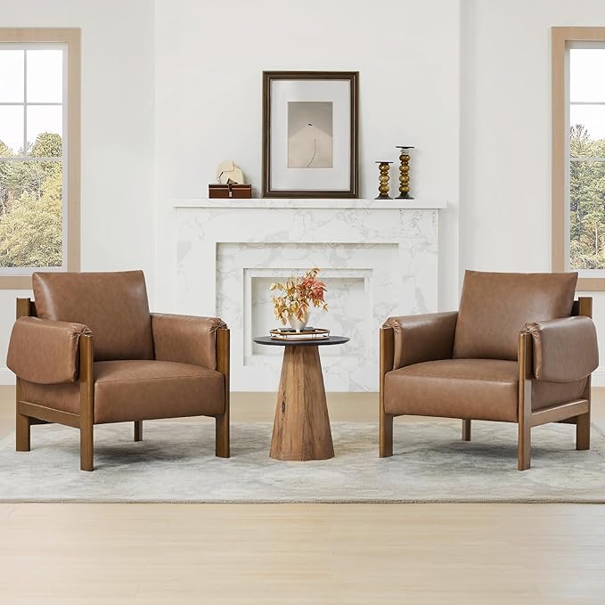 CHITA Accent Chair Set of 2, Mid Century Modern Upholstery Armchair for Living Room, Solid Wood Frame, Faux Leather in Saddle Brown