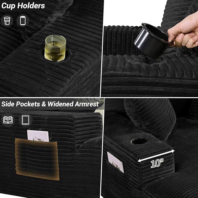 50"W x 68"D Oversized Chaise Lounge Chair Indoor Boneless Reading Chair Plush Corduroy Recliner with Cup Holders Large Deep Seat Comfy Sofa Bed Couch with 3 Pillows for Living Room Bedroom, Black