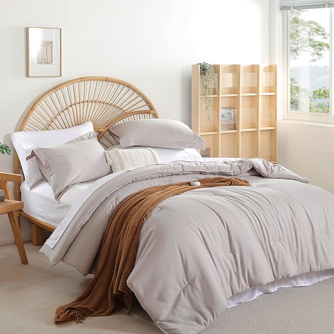 weigelia Queen Comforter Set 7 Pieces Bed Comforter Linen Grey Comforter Queen Size Bed in a Bag Queen Bedding Set with Fitted Sheets, Flat Sheets, Pillow Shams, and Pillowcases