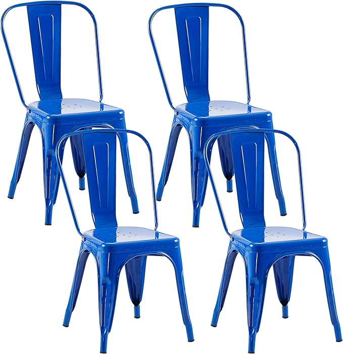 Metal Dining Chairs Set of 4,Stackable Tolix Chair Indoor/Outdoor for Kitchen,Cafe,Restaurant,Bistro & Patio Multiple Colors(Blue)
