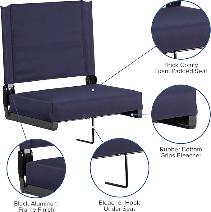 Flash Furniture Grandstand Portable Stadium Seats for Bleachers or Benches, Folding Padded Stadium Chairs with Handle, Pack of 2, 500 lb. Weight Capacity, Navy