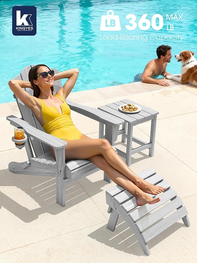 KINGYES Folding Adirondack Chair Set of 2, HDPE All-Weather Patio Chairs with Cup Holder, Wooden Textured Fire Pit Chairs for Poolside, Backyard, Deck, Silver Grey