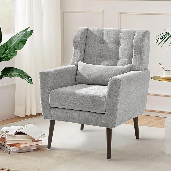 CHSICFOR Modern Accent Chair, Upholstered Arm Chair with Waist Pillow, Single Sofa Chair for Living Room Bedroom Small Spaces (Light Gray)