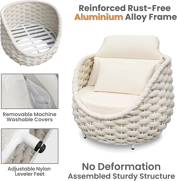 Erotr Woven Rope Outdoor Sofa Set: 6 Pieces Aluminum Patio Conversation Set Assembled - All Weather Cushioned Porch Furniture Couch - Modern Metal Lounge Set for Deck Yard Resort Hotel Sunroom, Beige