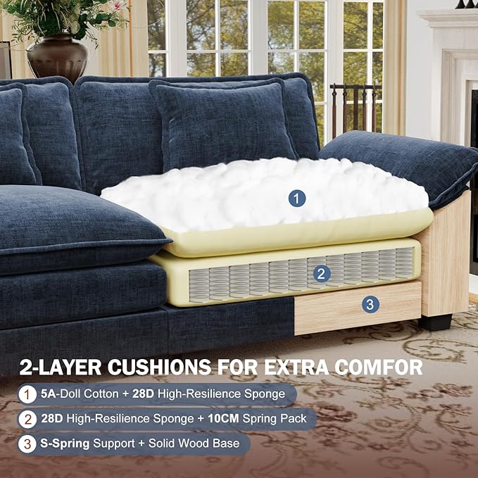 CDCASA 86" Modular Sectional Sofa, Comfy L-Shaped Cloud Couch with Movable Ottoman, 3-Seater Chenille Deep Seat Modern Sofa Couch for Living Room, DIY Combination, Blue