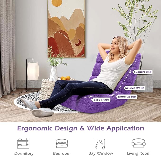 COSTWAY Adjustable Gaming Chair, Purple, 14-Position Back Support, Soft Coral Fleece, Portable, Lightweight, 22" x 24" x 22"