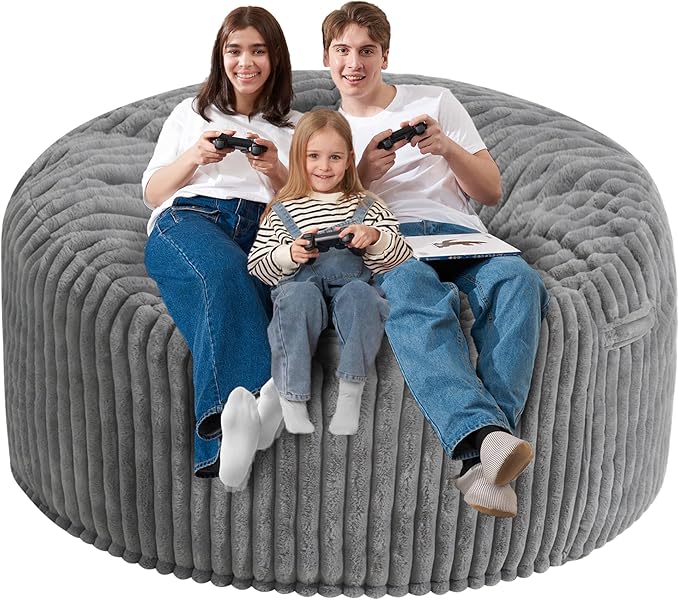 Homguava 6 FT Bean Bag Chair,6' Big Bean Bag,Giant Bean Bag Chairs for Adults with Memory Foam Filled,Comfy Large Beanbag Chairs Soft Bean Bag Sofa with Dutch Corded Plush Cover-Grey