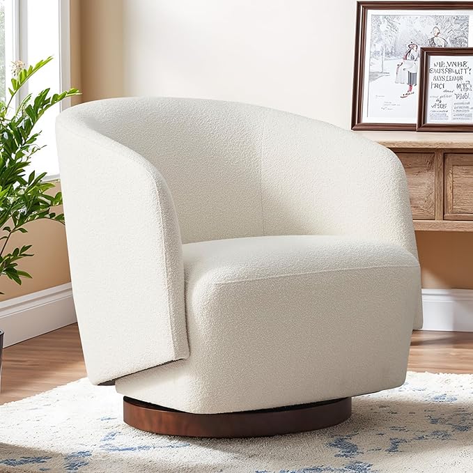 Boucle Swivel Accent Chair, No Assembly Upholstered Armchair with Rubberwood Base, 360° Rotating Barrel Chair for Living Room, Bedroom, Apartment & Reading Nook (1, Beige)