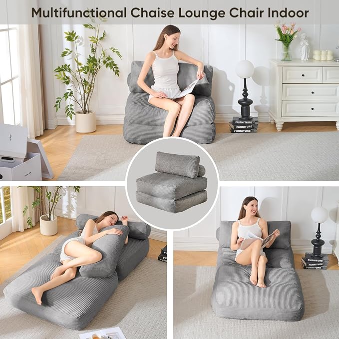 Waxberry Folding Sofa Bed, Convertible Sleeper Chair Couch Bed, Corduroy Upholstered Boneless Sofa for Living Room Bedroom, with Back Support Floor Couch, Dark Grey