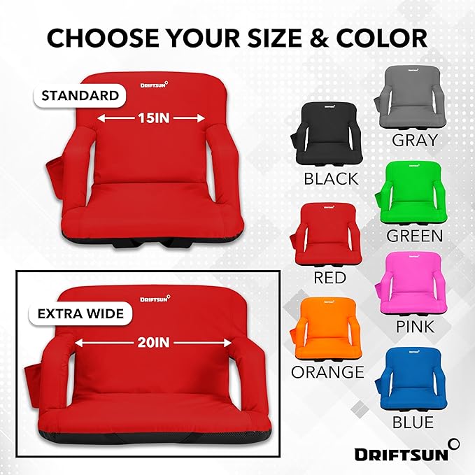 Driftsun Extra Wide Stadium Seats with Back Support - Deluxe Foldable Stadium Chairs for Bleachers - Folding Waterproof Sport Chair - Easy to Transport