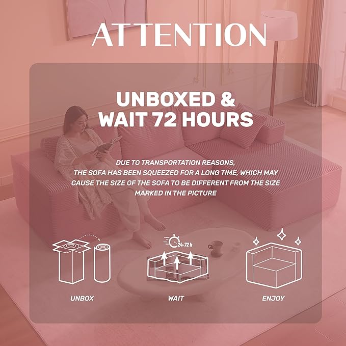 Afuson 107" Boneless Couch with Deep Seat, Modular Sectional Sofa, Cloud Sectional Couch for Living Room, No Assembly Required, Corduroy, L-Shape Right, Pink