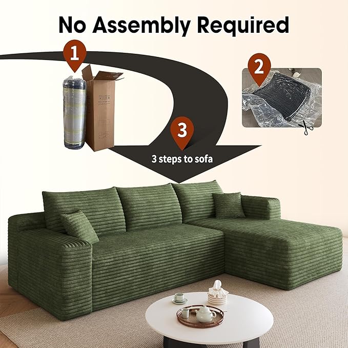 AUGOP 96" Sectional Couches for Living Room Modern Modular Sofa with L-Shape Couchs Upholstered Boneless Couch Deep Seat Sectional Couch with Chaise (Green, 96" Right Facing Chaise+2Seaters)