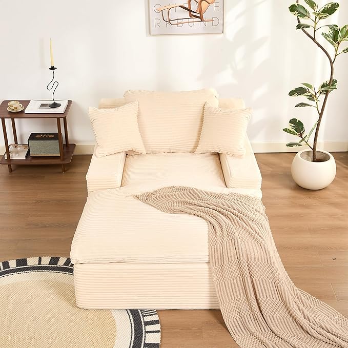 63" Oversized Boneless Chaise Lounge Chair, Extra Cloud Layer, Convertible Sleeper Sofa Couch with Removable Pillows & Side Pockets, Corduroy Upholstered Sofa Bed with Armrests for Living Room, Beige