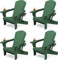 KINGYES Folding Adirondack Chair Set of 4, Dual Cup Holders & All-Weather HDPE, Wood-Like Patio Chair for Backyard, Camping, Pool & Fire Pit, Dark Green